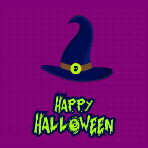 A witch’s hat with a buckle on it is floating above the phrase “Happy Halloween” that’s written in neon green. This image has a purple background that complements the black hat and text nicely.