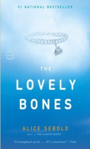 Book cover for The Lovely Bones by Alice Sebold. Image on cover shows a charm bracelet floating in the sky near some clouds. The only charm on the bracelet is of a little house. 